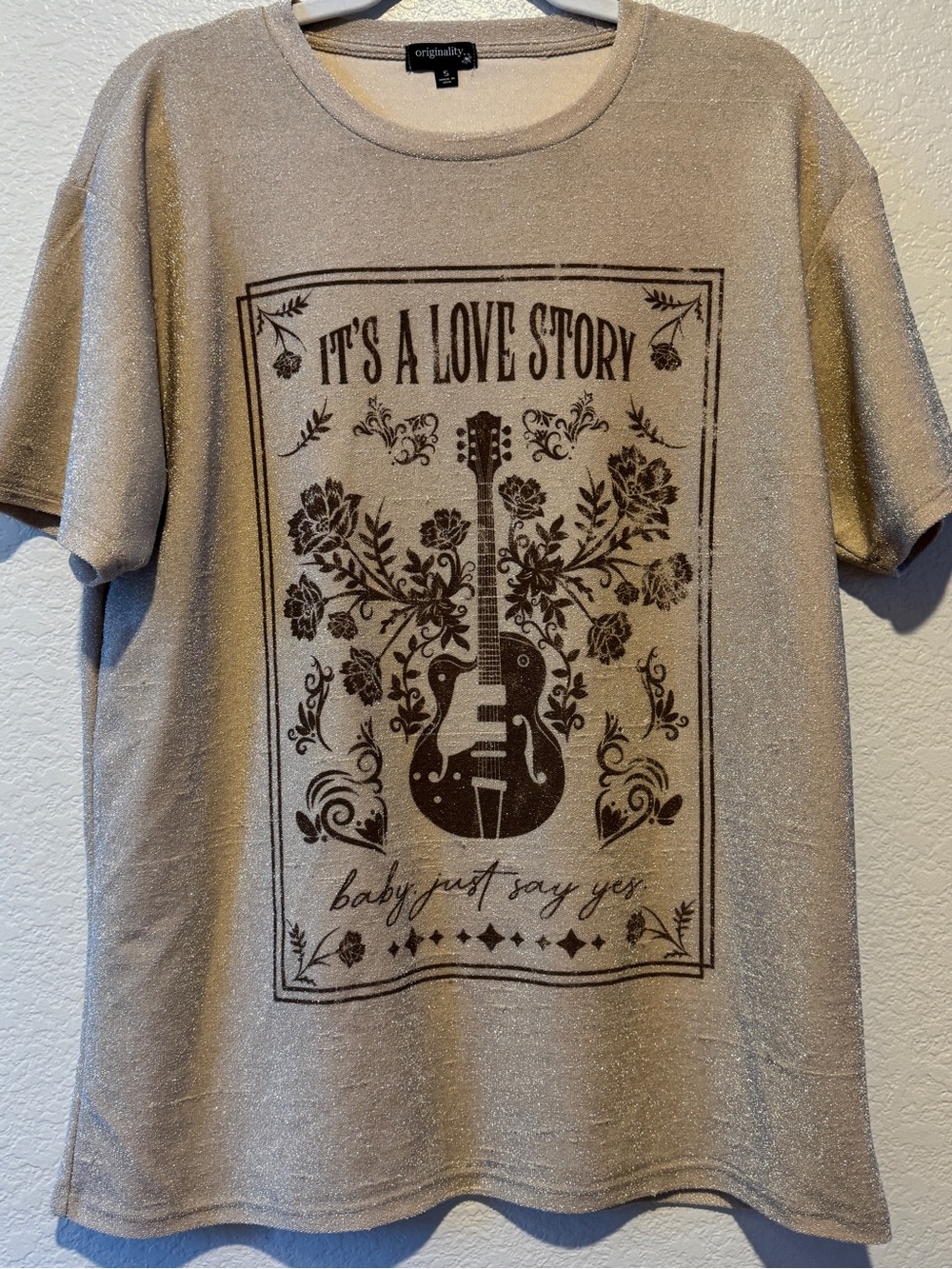 Altr’d State Sparkle Graphic Tee "It's A Love Story" - Silver with Brown Print